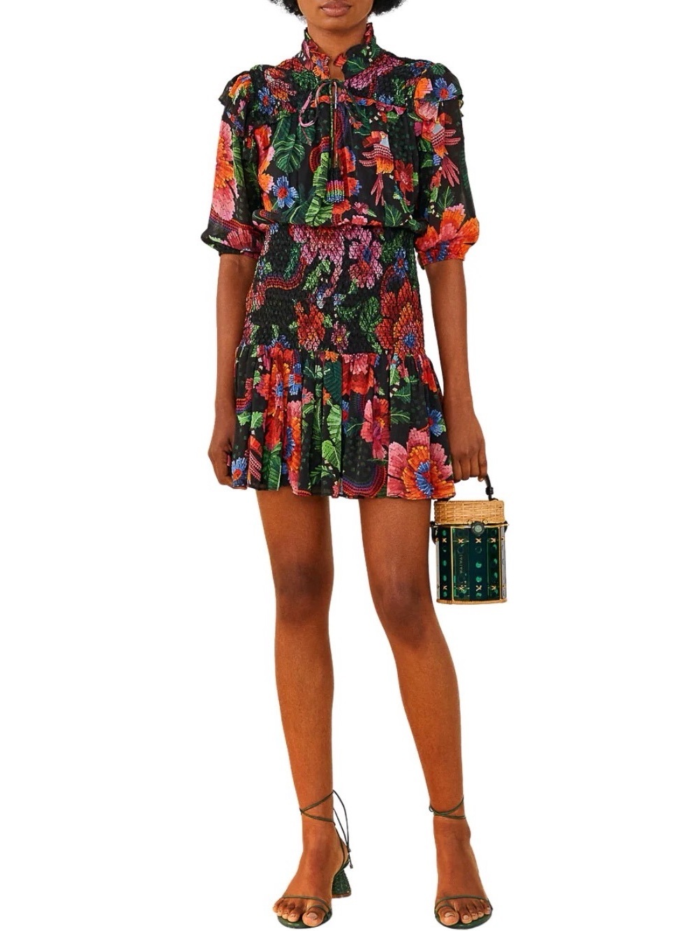 Farm Rio Blooming Garden Black Mini Dress Size XL Smocked Boho Whimsigoth NWT